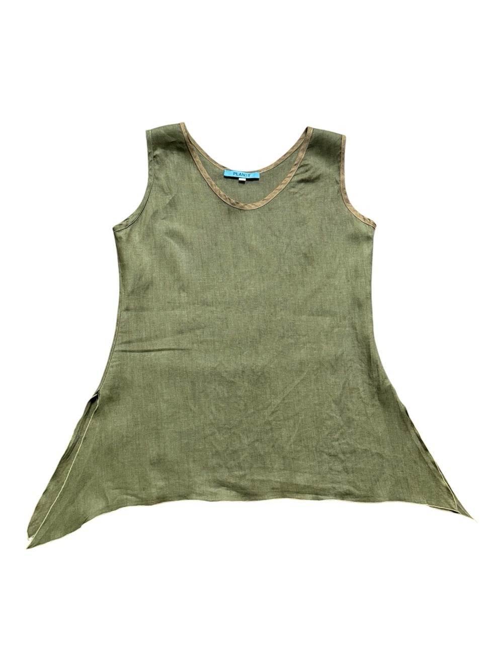 Moss green Planet by Lauren G mid 2000s linen tank with asymmetrical split hem